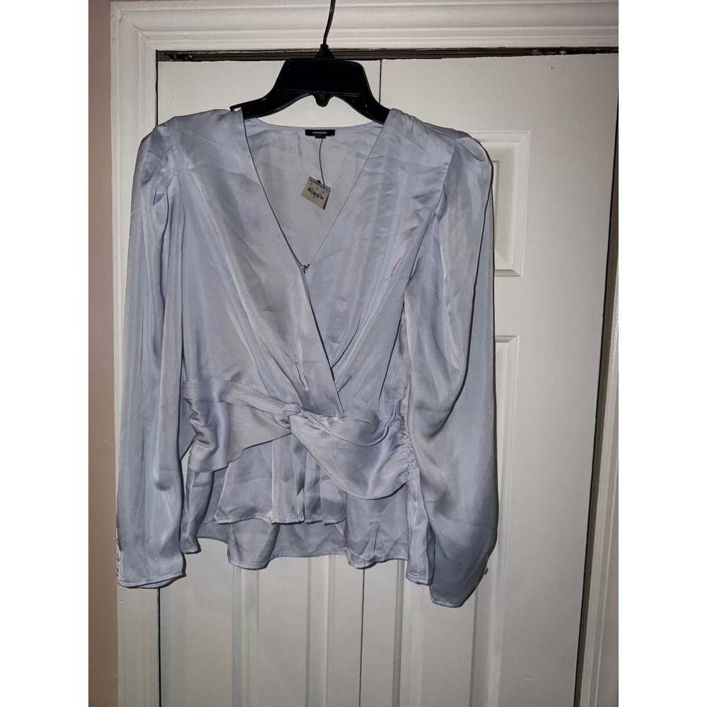 Express Satin Wrap Front Peplum Blouse